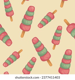 Summer dessert with sweet berry flavor, frozen ice of juice. Gelato for hot season, meal and dessert in menu of restaurant. Seamless pattern, wallpaper or background print. Vector in flat style