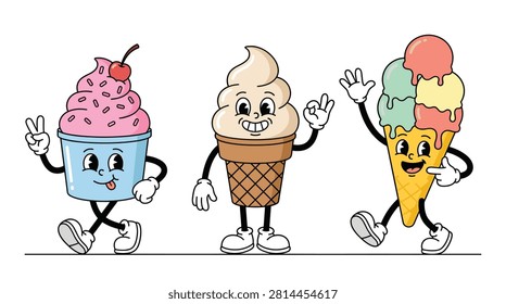Summer dessert themed element pack in retro cartoon style, smiling frozen treats, soft serve cups, and sweet sundae cones