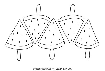 Sommernachtisch. Wassermelonscheibe auf einem Holzstock. Eine Zeilenzeichnung für verschiedene Verwendungszwecke. Vektorgrafik.