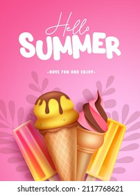 Summer desserts vector poster design. Hello summer text in pink background with popsicle and ice cream tropical elements for holiday season sweet dessert. Vector illustration.
