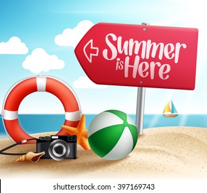 Summer Destination for Summer Beach Holiday in the Seashore with Roadsign Arrow and Summer Items in the Sand. Vector Illustration
