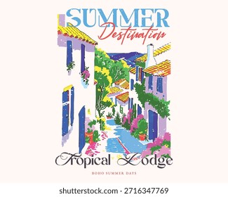 summer destination t-shirt print, Capri island Italy vector art, Europe travel poster design, Italian island holidays watercolor art for t shirt, poster, graphic print, Italian summer vacation artwork