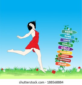 Summer destinations vector illustration. Happy Jumping girl