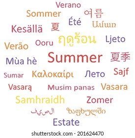 Summer in different languages. Vector words cloud.