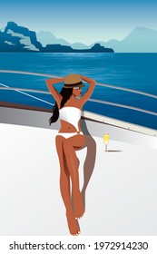 Summer digital illustration of a girl with a glass of champagne sunbathing on a boat yacht on vacation in the ocean