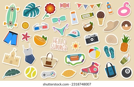 Summer Digital Sticker Set. Cute Clipart in Flat Vector Style. Collection of Colorful Graphic Design Template