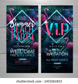 Summer disco beach party typography poster with flamingo and fluorescent tropic leaves. Invitation design. Nature concept