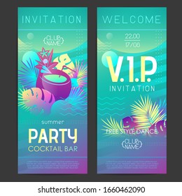 Summer disco cocktail party poster with tropic plants and geometric elements. Summertime template. Invitation design