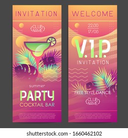 Summer disco cocktail party poster with tropic plants and geometric elements. Summertime template. Invitation design