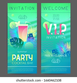 Summer disco cocktail party poster with tropic plants and geometric elements. Summertime template. Invitation design