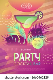 Summer disco cocktail party poster with tropic plants and geometric elements. Summertime template collection.