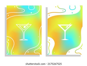 Summer disco cocktail party poster with a martini glass and waves elements. Summertime template. Invitation design. Bright posters with liquid abstractions.