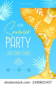 Summer disco cocktail party  poster with tropic leaves and beach umbrella. Summertime background. Vector illustration