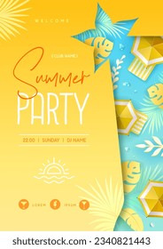 Summer disco cocktail party  poster with tropic leaves and beach umbrella. Summertime background. Vector illustration