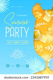 Summer disco cocktail party  poster with tropic leaves and beach umbrella. Summertime background. Vector illustration
