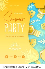 Summer disco cocktail party  poster with tropic leaves and beach umbrella. Summertime background. Vector illustration
