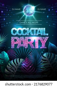 Summer disco cocktail party typography poster with fluorescent tropic leaves. Nature concept. Summer background. Vector illustration