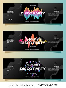 Summer disco party banner template collection with colorful abstract shapes on black background. For promotion publication