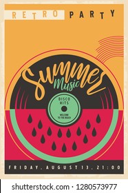 Summer disco party invitation with vinyl record and watermelon. Disco music retro flat poster design. Conceptual vector art.