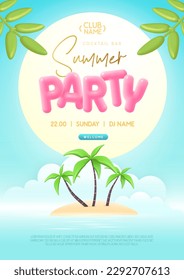 Summer disco party poster with 3D plastic text, island, palm trees and tropic landscape. Summer background. Vector illustration