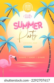 Summer disco party poster with 3D plastic text, palm trees and flamingo. Summer background. Vector illustration