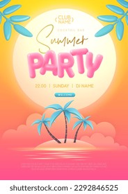 Summer disco party poster with 3D plastic text, island, palm trees and tropic landscape. Summer background. Vector illustration