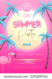 Summer disco party poster with 3D plastic text, palm trees and flamingo. Summer background. Vector illustration