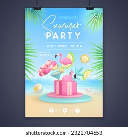 Summer disco party poster with 3d stage, flamingo and blue lagoon cocktail. Colorful summer beach scene. Vector illustration