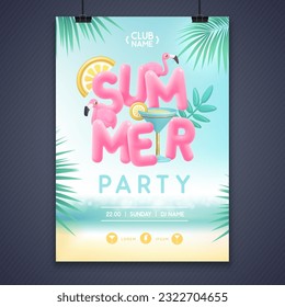 Summer disco party poster with 3d text and blue lagoon cocktail. Colorful summer beach scene. Vector illustration