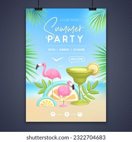 Summer disco party poster with 3d margarita cocktail and flamingo. Colorful summer beach scene. Vector illustration