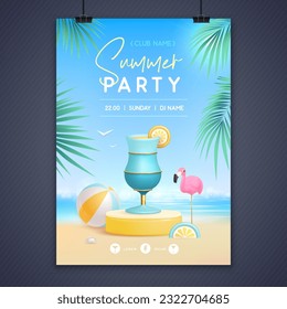 Summer disco party poster with 3d stage and cocktail blue lagoon. Colorful summer beach scene. Vector illustration