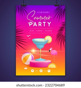 Summer disco party poster with 3d stage and blue lagoon cocktail. Colorful summer beach scene. Vector illustration