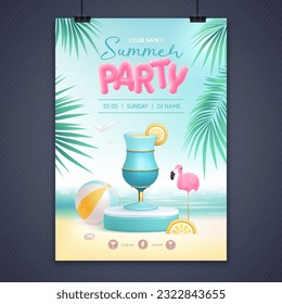 Afiche de la fiesta de la discoteca de verano con escenario 3d y laguna azul de cóctel. Colorida escena de playa de verano. Ilustración del vector