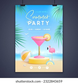 Summer disco party poster with 3d stage and cosmopolitan cocktail. Colorful summer beach scene. Vector illustration