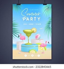 Sommerdisco-Partyposter mit 3D-Bühne und Margarita-Cocktail. Farbige Sommerstrand-Szene. Vektorgrafik