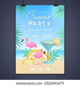 Summer disco party poster with 3d  blue lagoon cocktail and flamingo. Colorful summer beach scene. Vector illustration