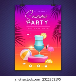 Summer disco party poster with 3d stage and blue lagoon cocktail. Colorful summer beach scene. Vector illustration