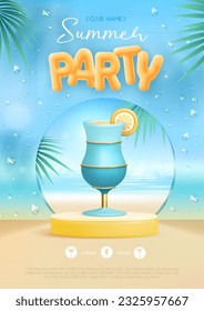 Summer disco party poster with 3d stage and cocktail blue lagoon. Colorful summer beach scene. Vector illustration