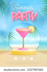 Summer disco party poster with 3d stage and cosmopolitan cocktail. Colorful summer beach scene. Vector illustration