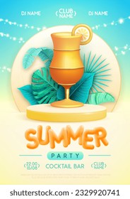 Summer disco party poster with 3d stage, tropic leaves and tequila sunrise cocktail. Colorful summer beach scene. Vector illustration