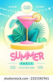 Summer disco party poster with 3d stage, tropic leaves and cosmopolitan cocktail. Colorful summer beach scene. Vector illustration