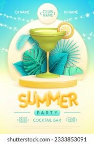 Summer disco party poster with 3d stage, tropic leaves and margarita cocktail. Colorful summer beach scene. Vector illustration