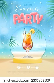 Summer disco party poster with 3d stage and tequila sunrise cocktail. Colorful summer beach scene. Vector illustration