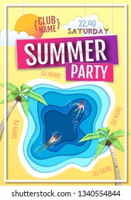 Summer disco party poster with blue lagoon. Paper cut out art style design