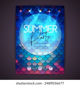 Summer disco party poster with mermaid scales abstract background texture. Vector illustration