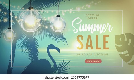 summer; disco; party; poster; night; night club; event; entertainment; fun; nature; tropic plants; tropic leaves; palm tree; palm leaf; beach; beach party; sunset; garland; string of lights; lamp; mod