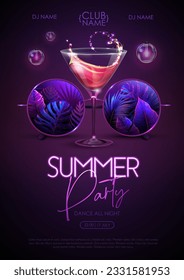 Summer disco party poster with round shaped sunglasses, fluorescent tropic leaves and cocktail. Vector illustration.