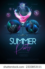 Summer disco party poster with round shaped sunglasses, fluorescent tropic leaves and cocktail. Vector illustration.