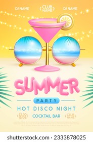 Summer disco party poster with round shaped sunglasses, tropic ocean landscape background and cocktail. Vector illustration.