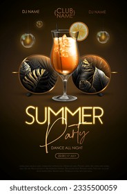 Summer disco party poster with round shaped sunglasses, fluorescent tropic leaves and cocktail. Vector illustration.